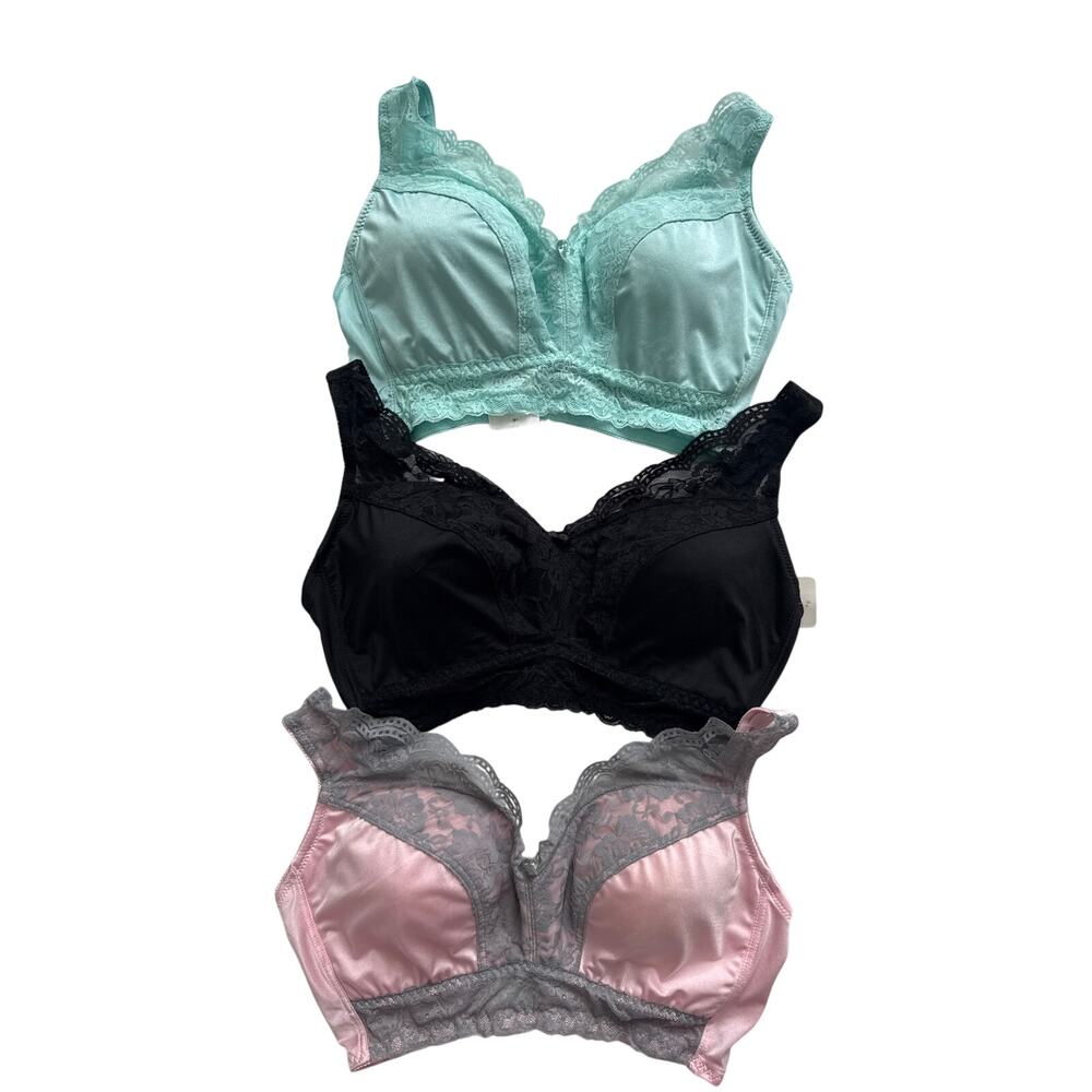 Rhonda Shear 3-Pack Pin-Up Ahh Bra Set 1X Black Pink Teal Lace Wireless Bra